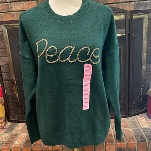 Vince Camuto Elegant Green Sweater with Gold Beaded Peace